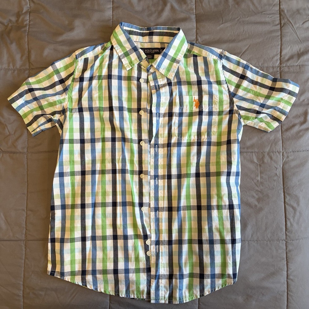 U.S. POLO ASSN Boys XL 14-16 Plaid Short Sleeve Button Up Shirt Green Blue Prep
