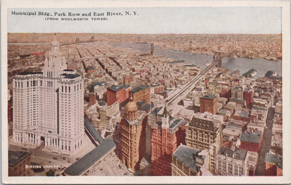New York City NY~Aerial Municipal Bldg~Park Row & East River~Vintage Postcard