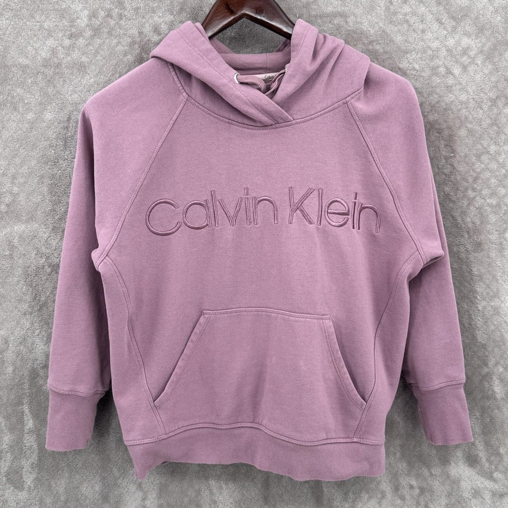 Calvin Klein Hoodie Sweatshirt Womens Small Pink Logo Fleece Raglan Pullover