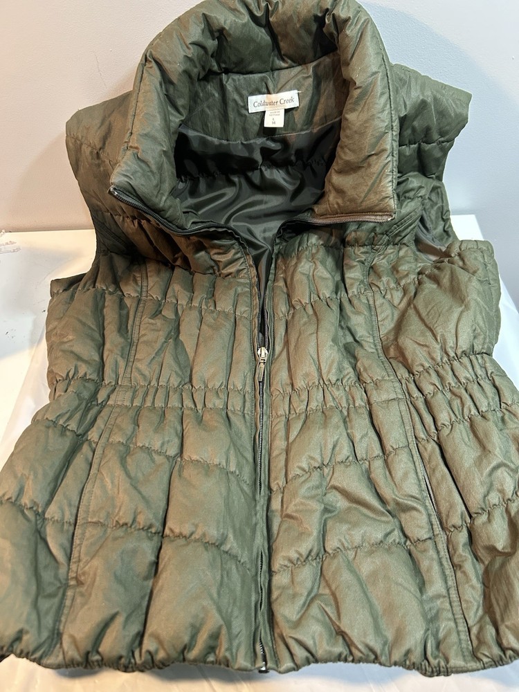 Coldwater Creek Puffer Vest Women's Large 14 Green Full Zip Elastic Waist Casual