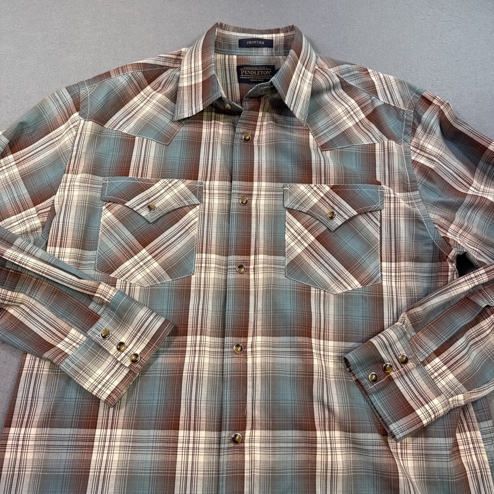 Pendleton Frontier Mens Plaid Pearl Snap Shirt Western Cowboy Brown Size Medium