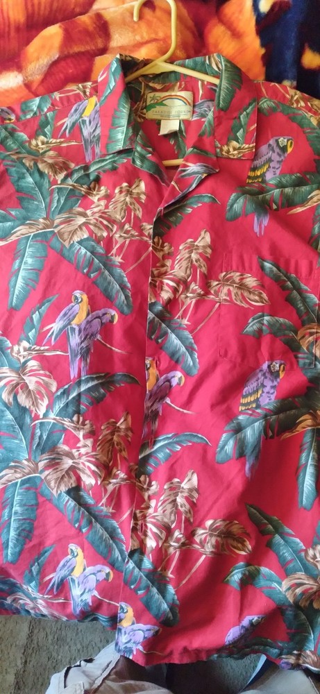 VTG Paradise Found Shirt Men XL Red Hawaiian Aloha Jungle Bird Magnum PI