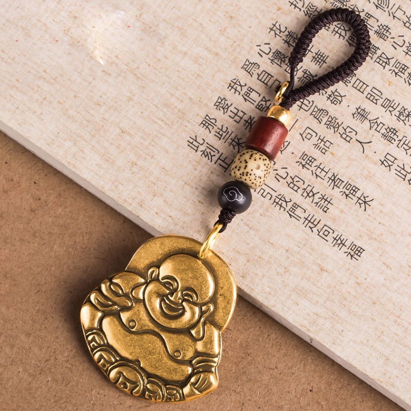 Brass Buddha Figurine Keychain Pendant Bodhi Lanyard Keyring Hanging Ornament