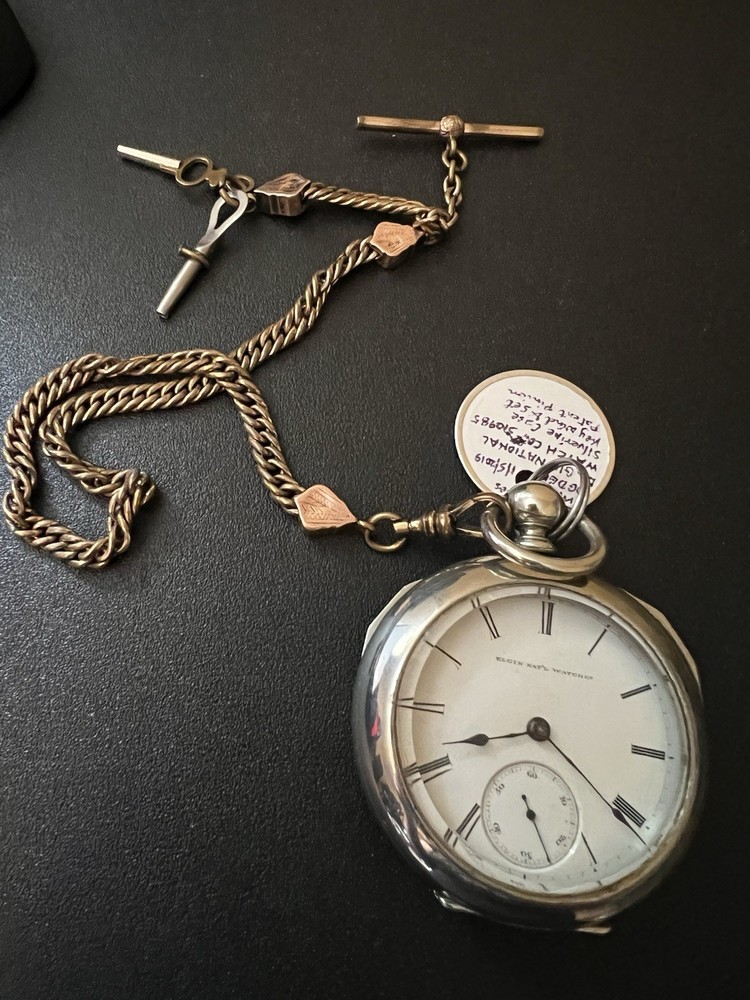 Antique Elgin Silverode Pocket Watch with Chain and Original KeyWind