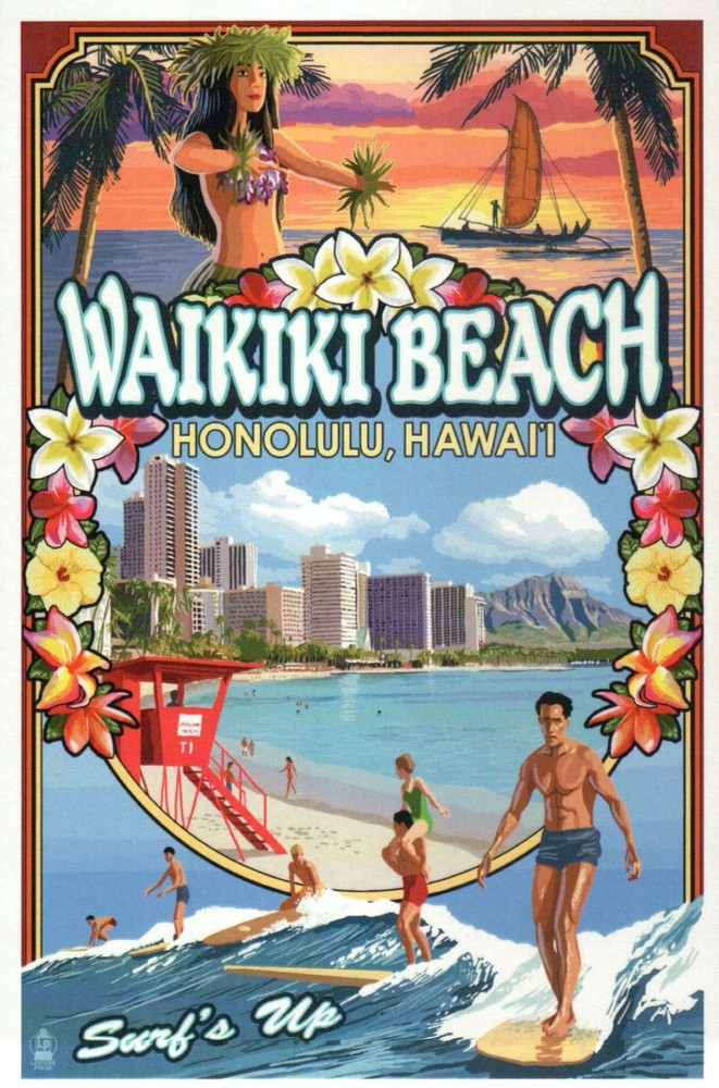 Waikiki Beach Honolulu Hawaii HI Montage Diamond Head Surfing Boat etc. Postcard