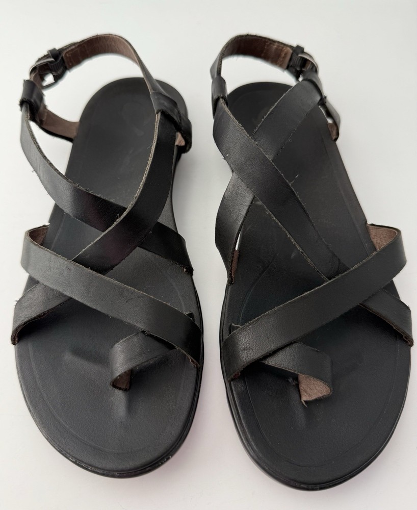 Olukai Upena Womens Black Leather Toe Loop Gladiator Sandals Beach Style