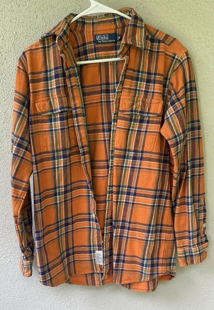 Polo Ralph Lauren Cotton Flannel Plaid Button-Up Shirt Orange M Men Long Sleeve