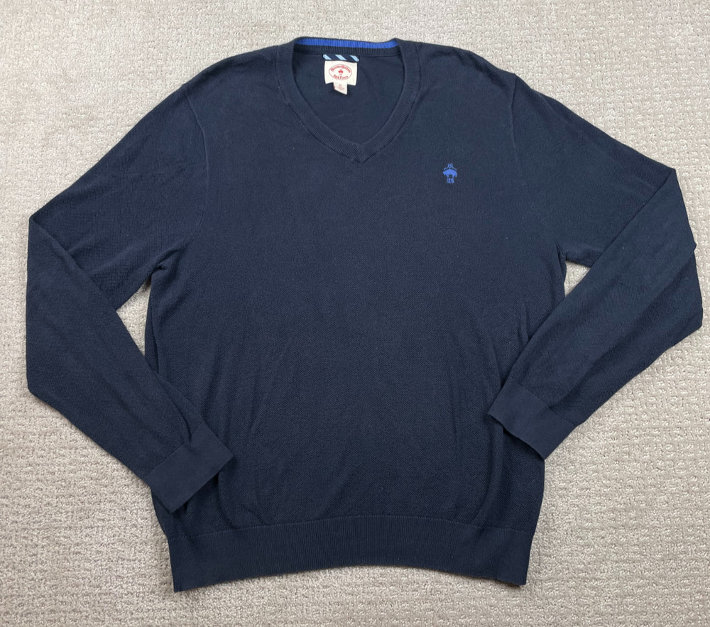 Brooks Brothers Red Fleece Sweater Mens XL Navy Blue Knit Cotton V Neck Preppy