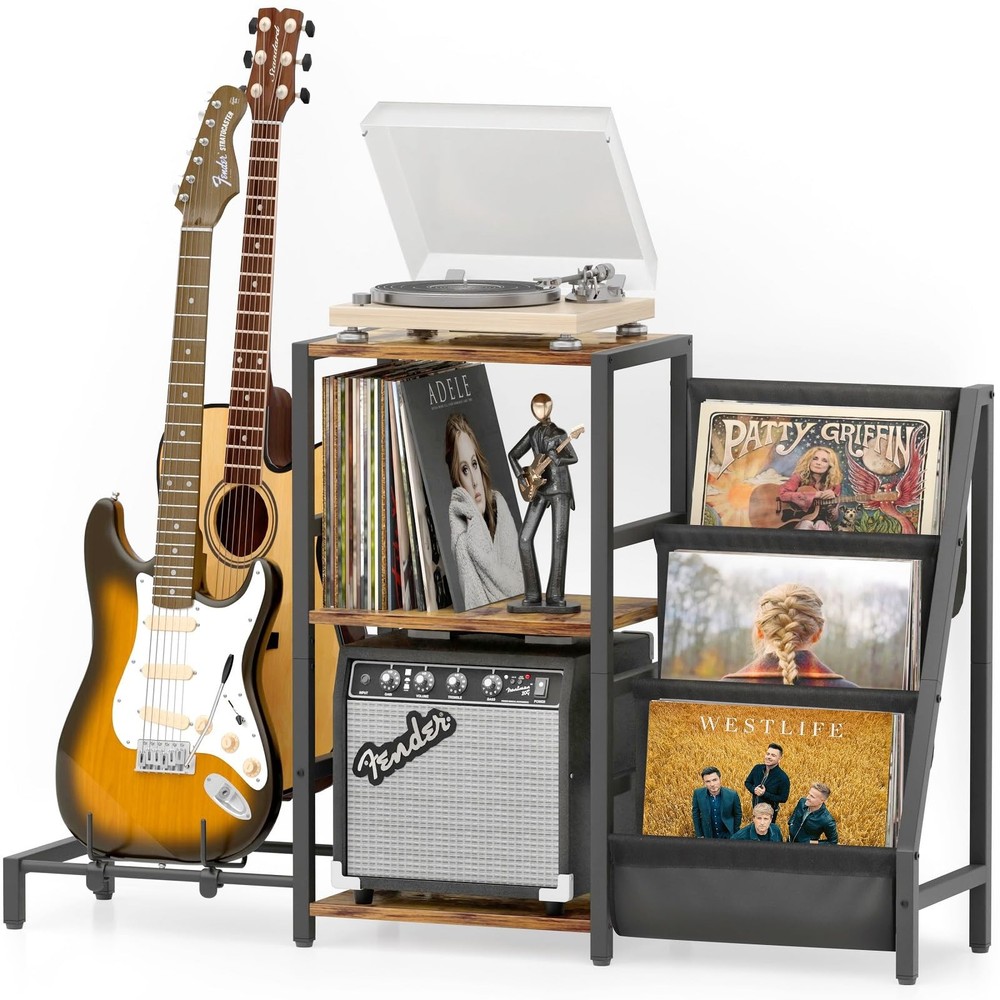 Wooden Record Player Stand with Multi-Instrument Holder for Guitars and Bass