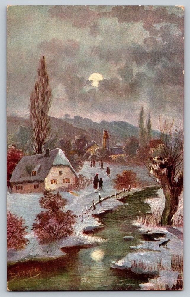 Vintage Winter Village Moonlit Scene Postcard by Rotograph Co. NY Germany