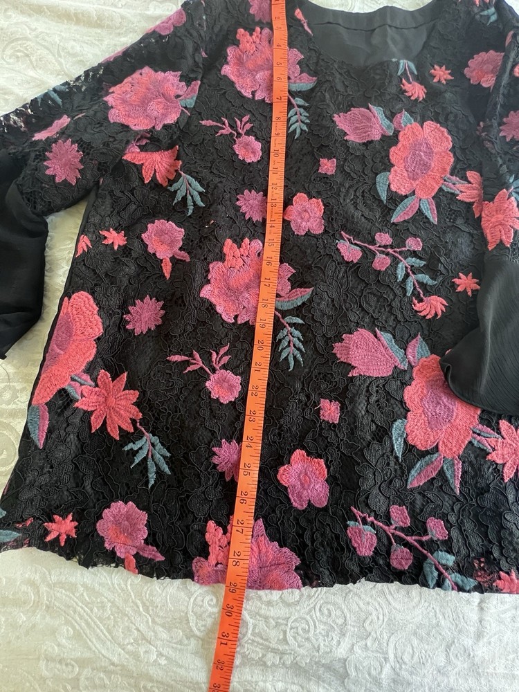 Black Pink Floral Embroidered Lace Bell Sleeve Sheer Blouse Long Sleeve