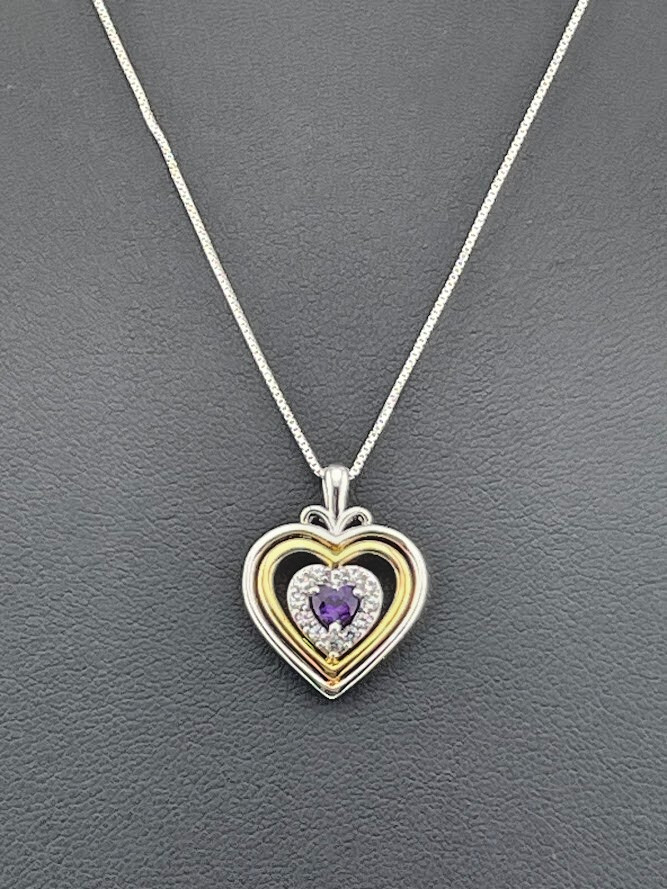 925 Sterling Silver Heart Shape Amethyst White Sapphire Heart Necklace 18