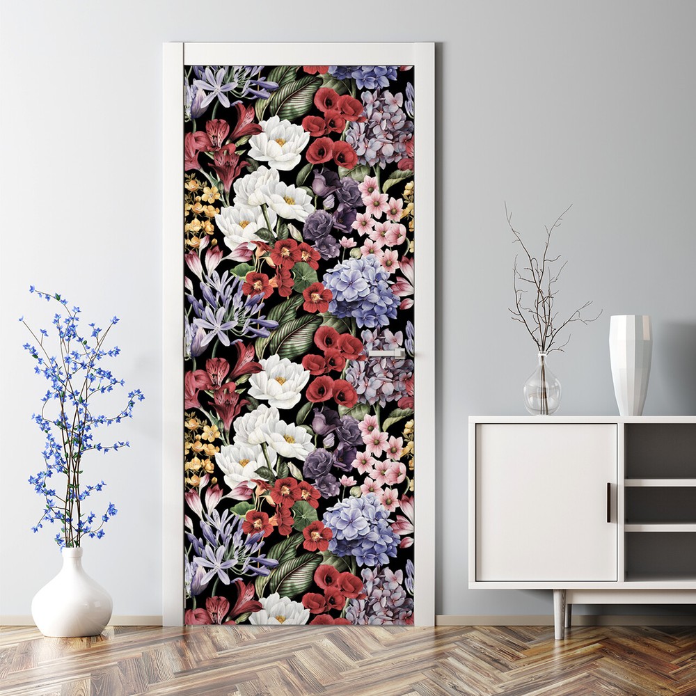 Peony Colourful Meadow Floral Bubble Free Door sticker self adhesive Watercolour