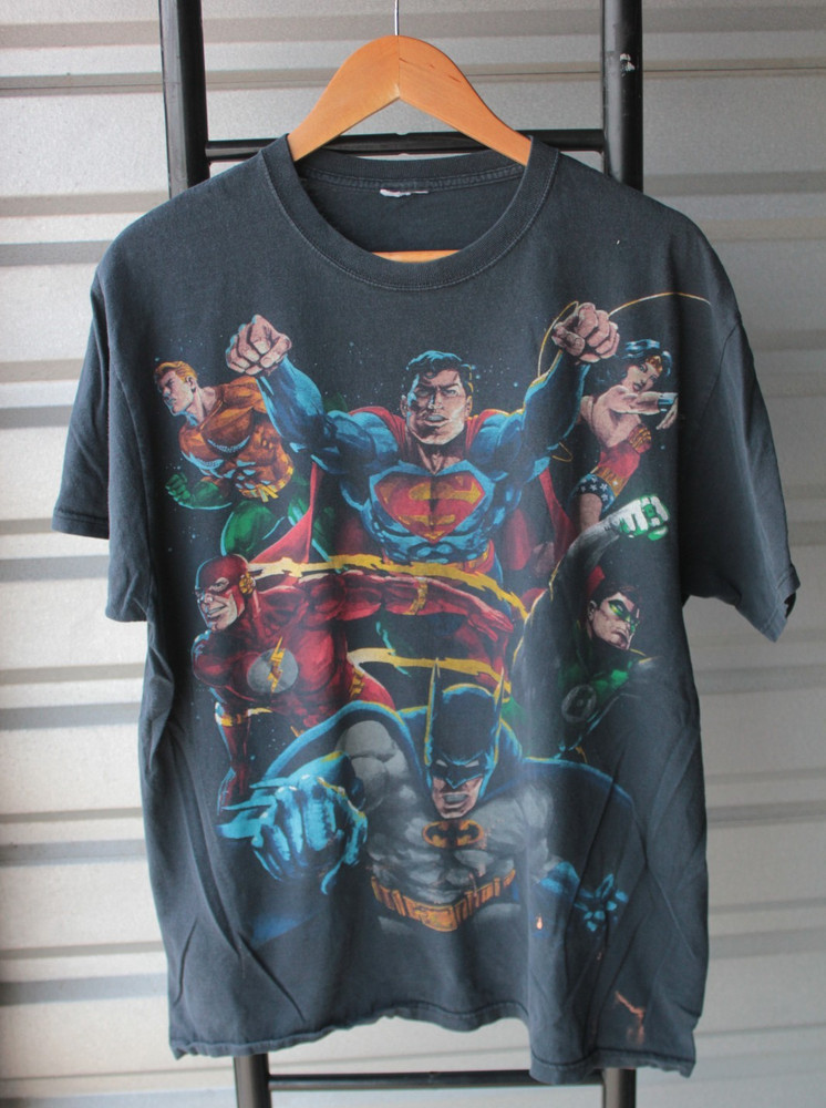 00s Vintage DC Comics Superhero Characters AOP Mens BLK T-Shirt XL
