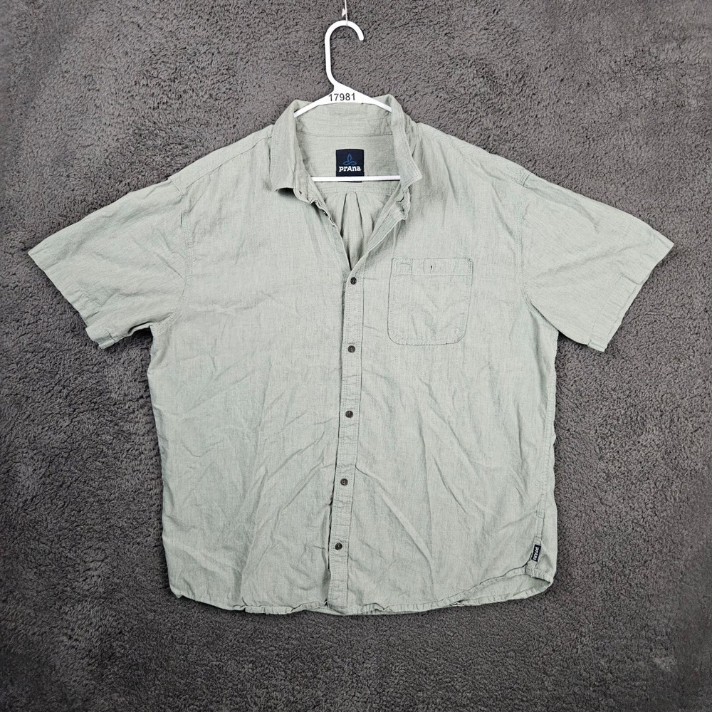 Prana Organic Cotton Button Up Shirt Mens XXL Sage Green Short Sleeve