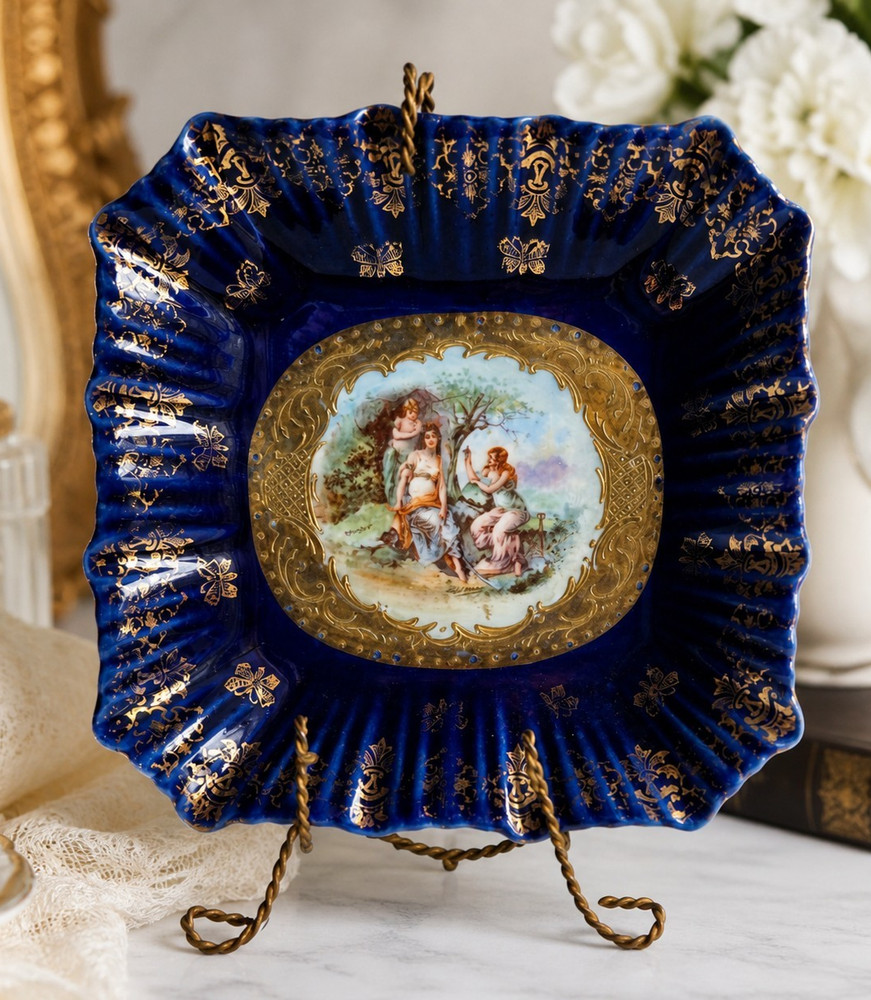 Vintage Cobalt Blue Porcelain Plate Gold Gilt Romantic Scene 5.5” Scalloped