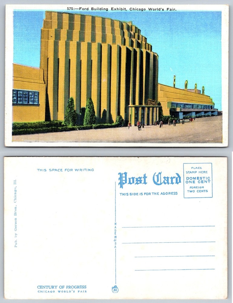 Ford Building Exhibit Chicago World's Fair 1933 Art Deco Linen Postcard
