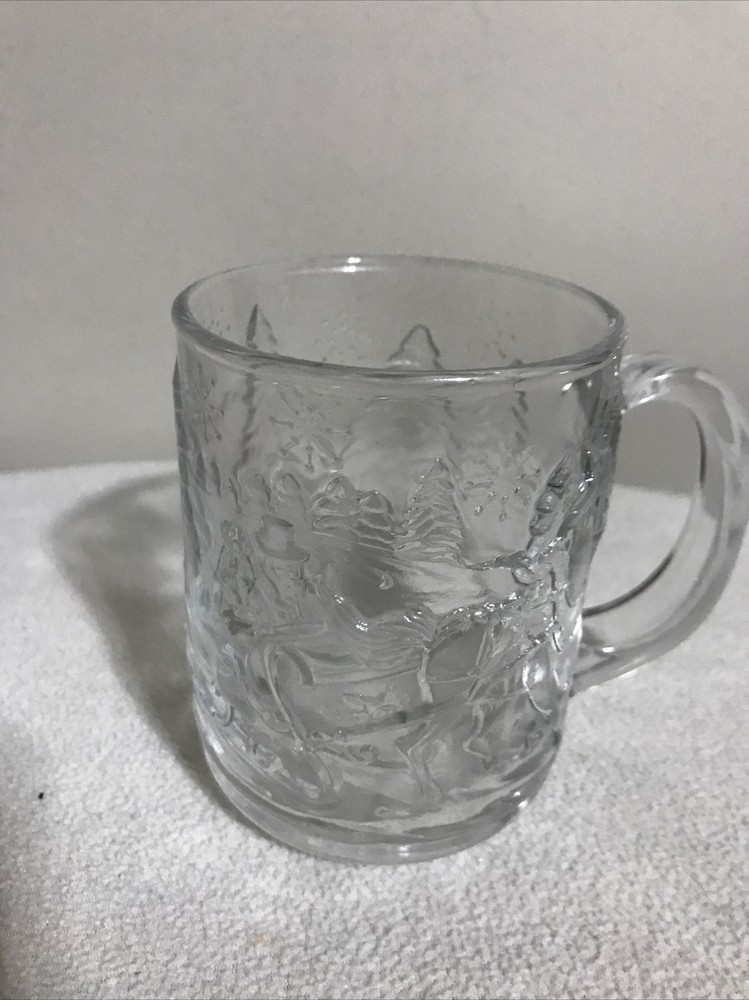 Luminarc USA Clear Glass Hot Chocolate Mug w Horse Drawn Sleigh Christmas Cup