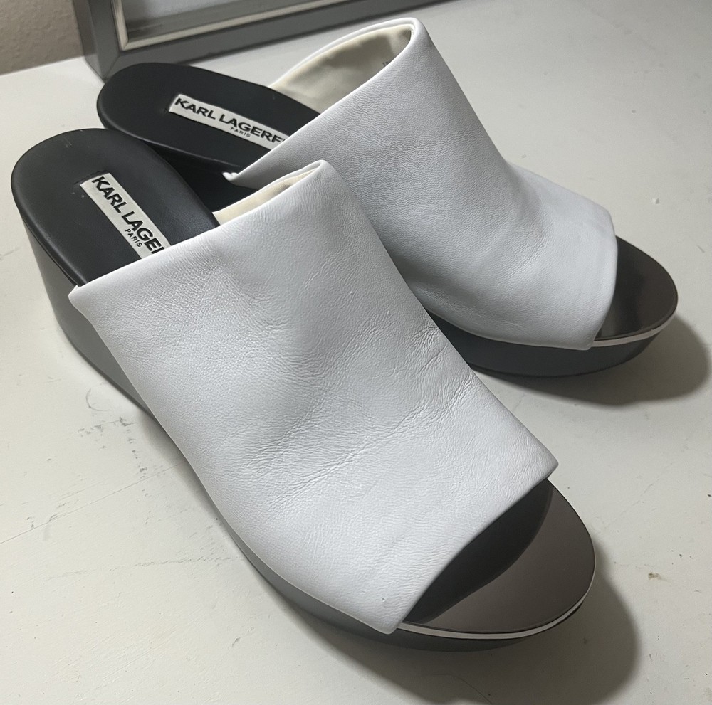 Women's Karl Lagerfeld Paris Lyric White Leather Platform Wedge Sandals Size 7