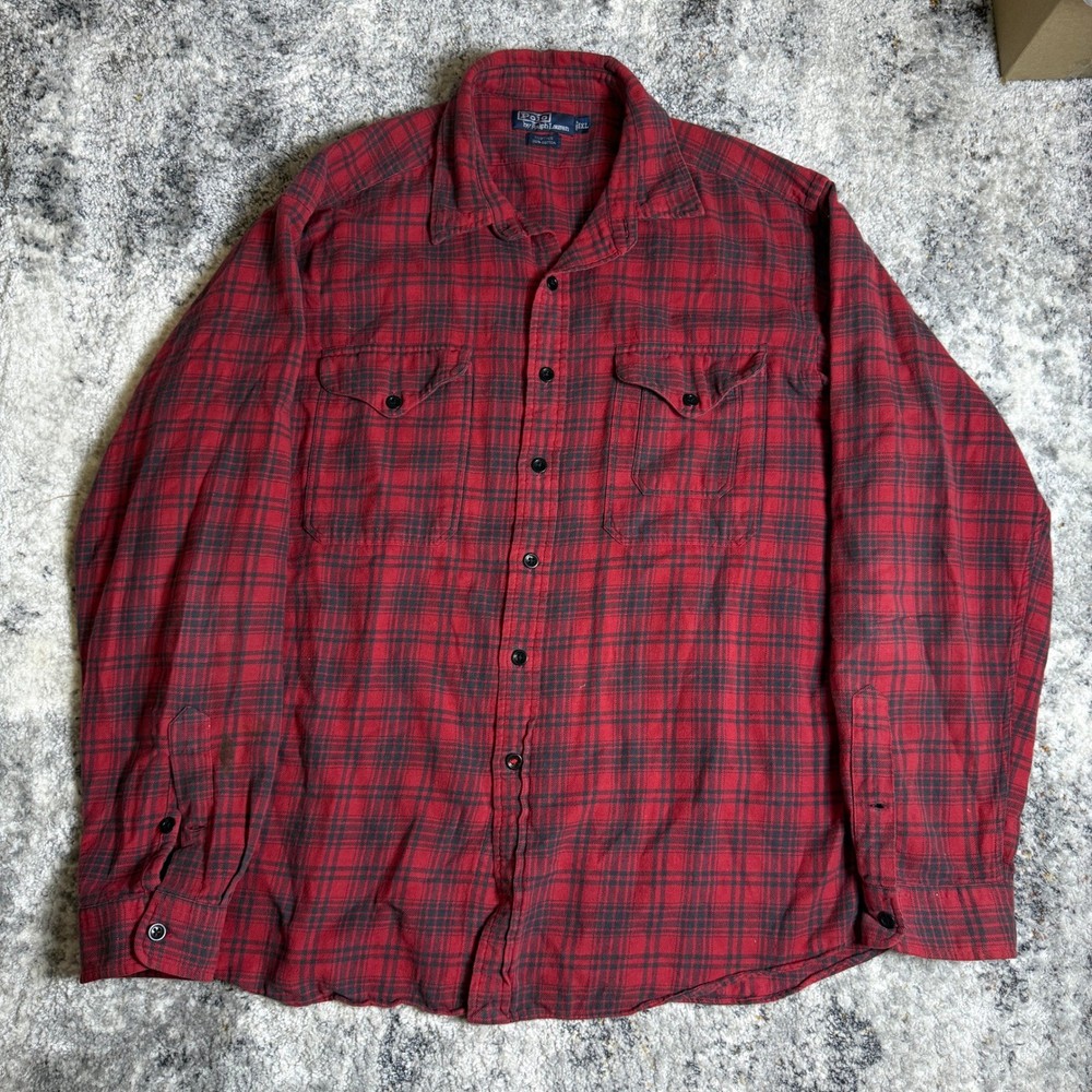 Polo Ralph Lauren Flannel Shirt Mens XL Red Black Plaid Button Down Cotton