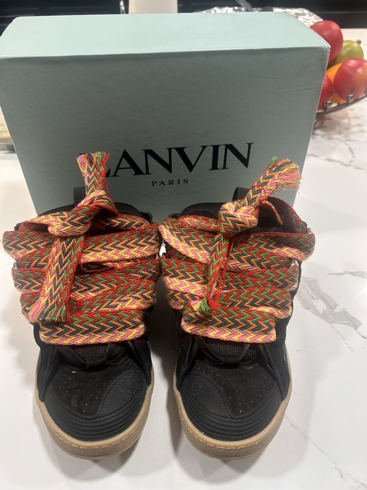 Lanvin Curb Black Suede Sneakers Colorful Laces Men's EU 42