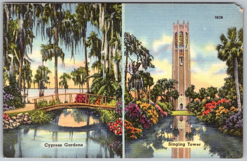 Vtg Linen Postcard Singing Tower Bok Tower Lake Wales, FL 1940s