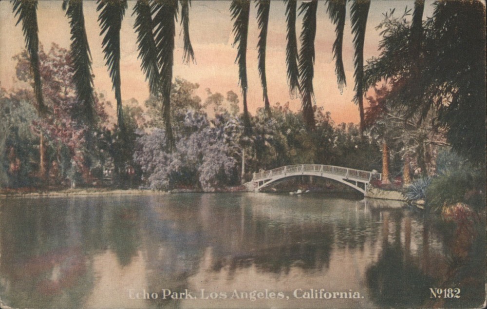 Los Angeles, California CA Echo Park, Bridge, Palm Trees Vintage Postcard
