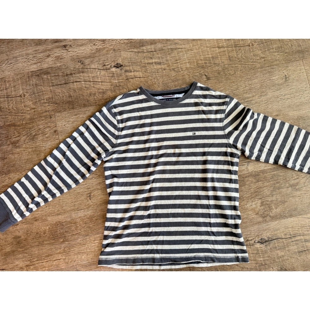 Tommy Hilfiger Mens Striped Long Sleeve T-Shirt Grey White Crew Neck Size M