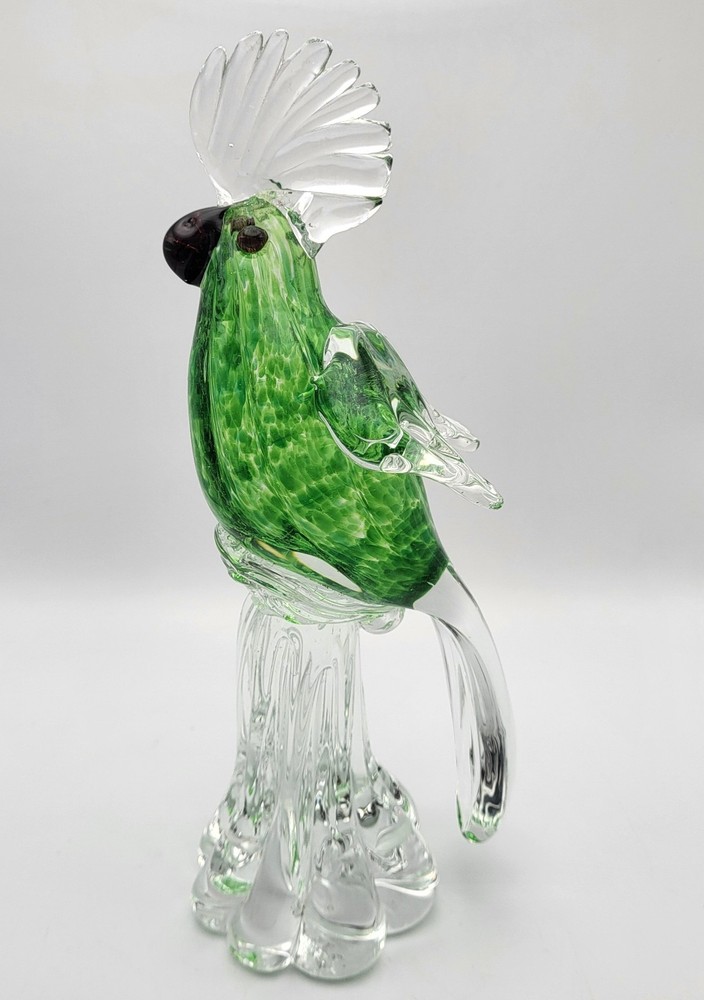 Art Glass Cockatoo Bird Speckled Green Body Hand Blown Sculpture Murano Style