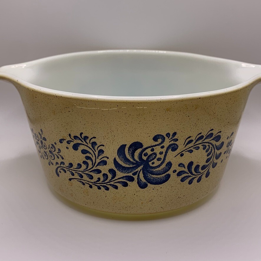 Vintage Pyrex Blue and Tan HOMESTEAD 1qt Round Casserole Dish 473 No Lid