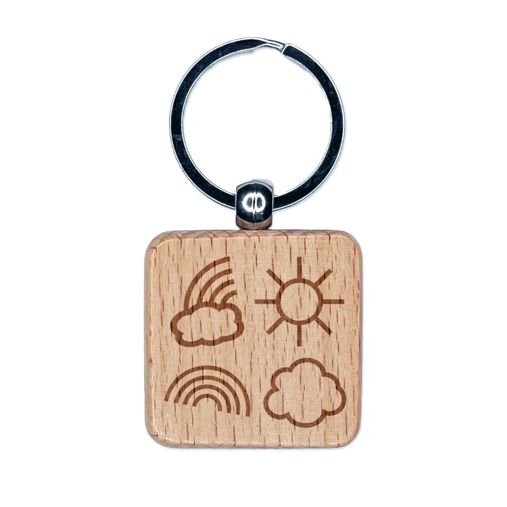 Rainbow Clouds Sun Wood Engraved Square Keychain Charm  