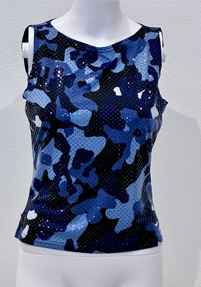 Vintage Y2K A Byer Blue Camo Sequin Tank Top Sz L Grunge Edgy Street Club Party