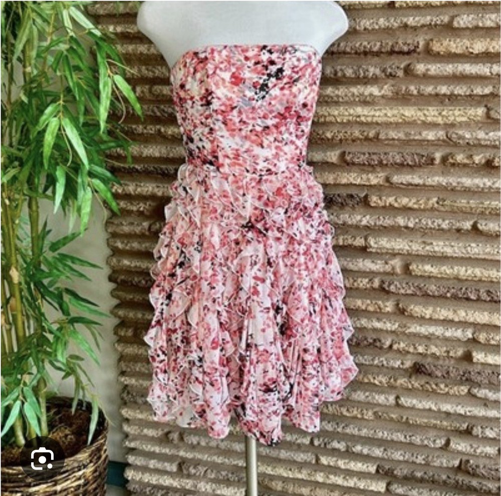 White House Black Market Pink White Floral Ruffle Strapless Chiffon Dress | 10