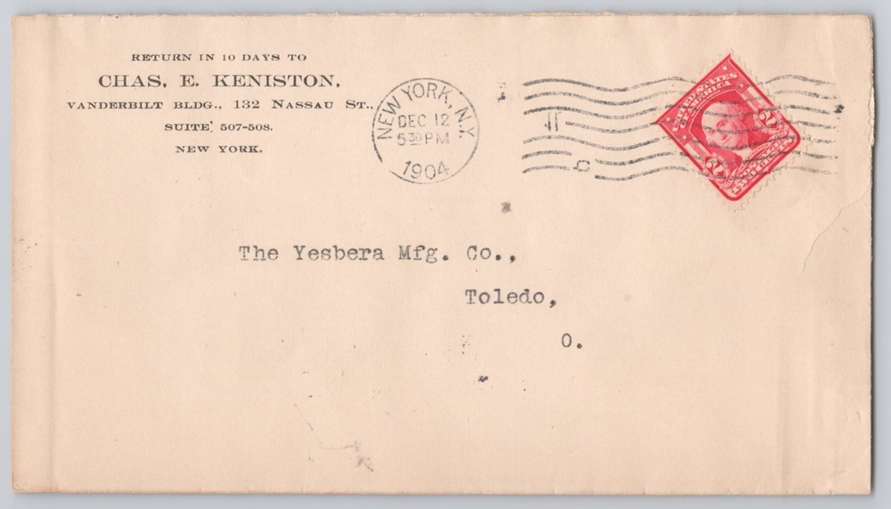 New York, NY Vanderbilt Building return address, Un 1904 Postal History