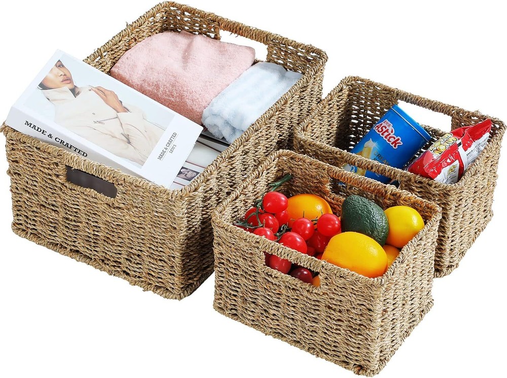 Dual Handle Natural Woven Storage Basket Set of 3