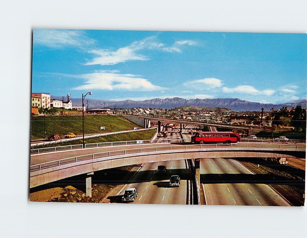 Postcard Looking North on Harbor Freeway & Sierra Madre Mountains Los Angeles CA