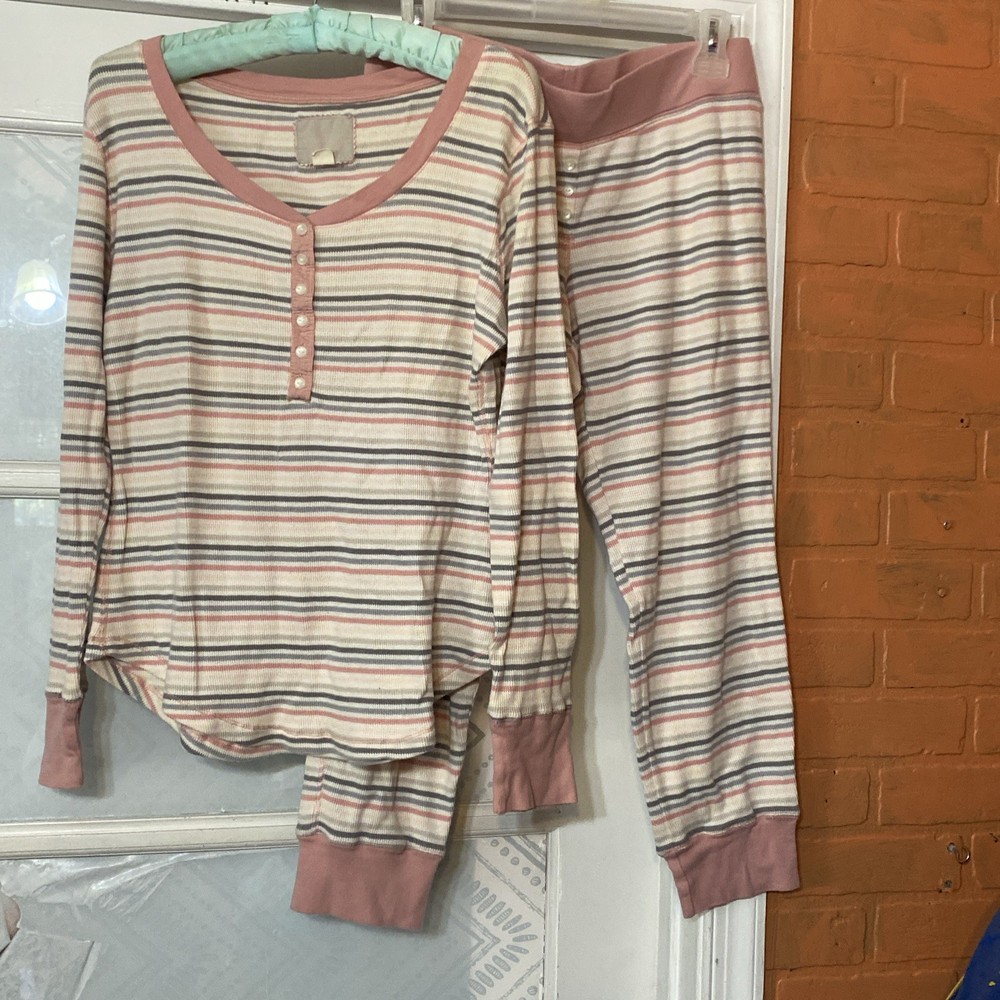 Victorias Secret Pajama Set  Medium Stripe Long Sleeve Thermal Sleepwear Cropped