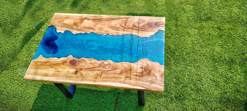 Blue Epoxy Resin Center Sofa Coffee Table Handmade Modern Art Home Interior Decr