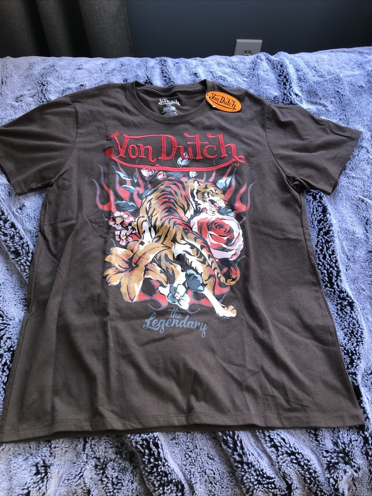 Von Dutch Brown S.S.Tee Tiger Print With Embroidery L. NWT.