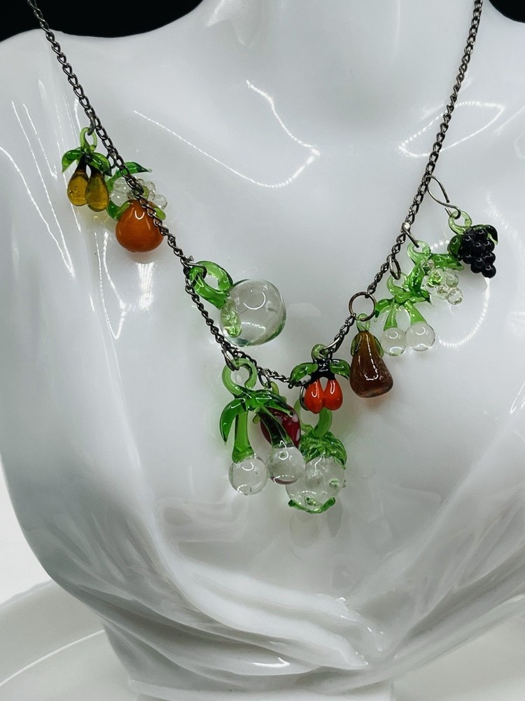 Vintage Tutti fruity Lamp Work Blown Glass Fruit Charm Necklace 19” Silver tone
