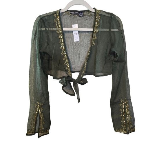 Olive Green Silk Chiffon top, cropped tie front sequins embroidered Size L New