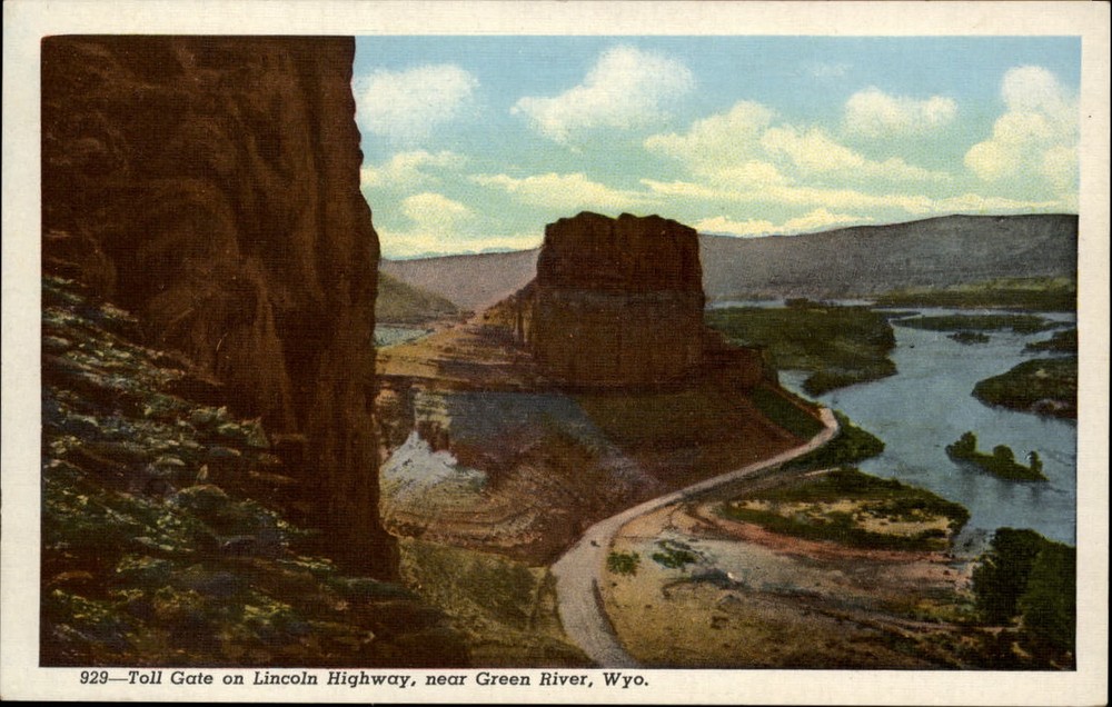 Toll Gate rock formation Lincoln Highway Green River Wyoming ~ 1930s linen