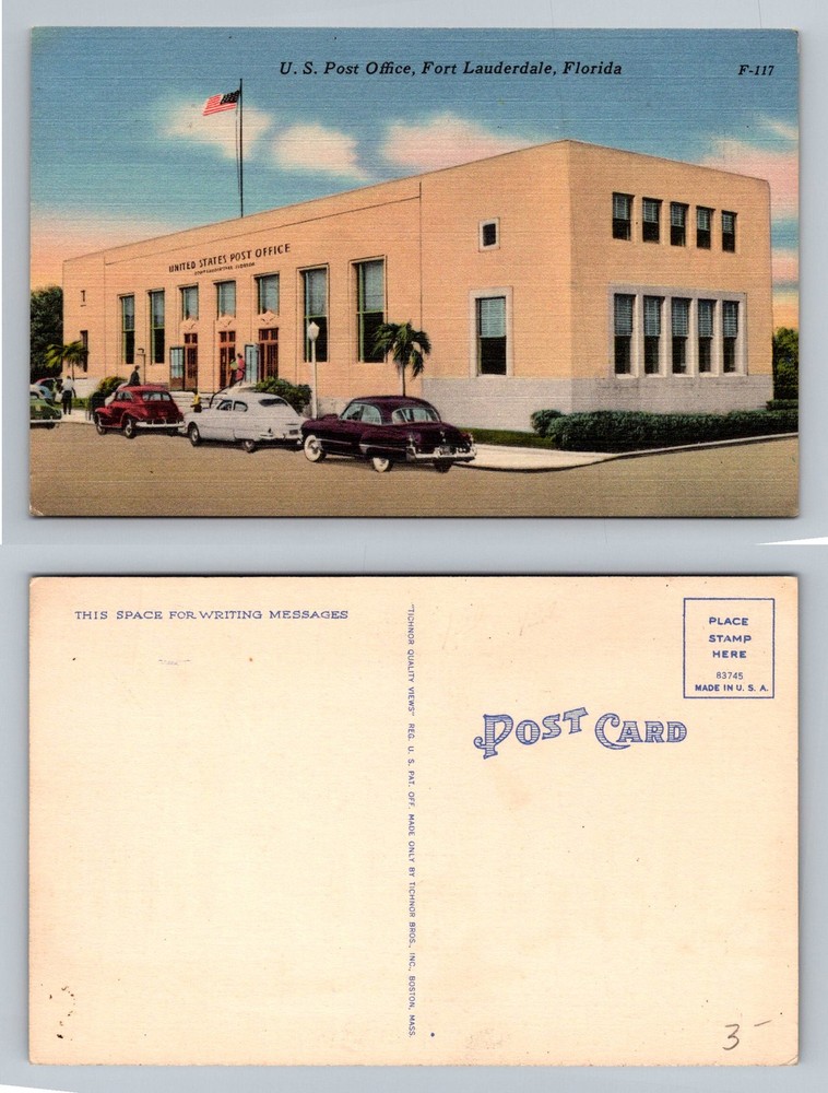 Fort Lauderdale, FL-Florida, U.S. Post Office Building & Cars Vintage Postcard