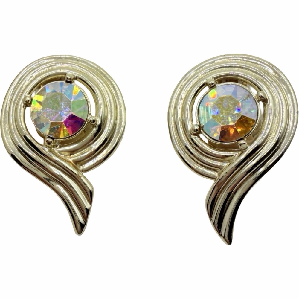 Vintage Sarah Coventry AB Aurora Borealis Gold Tone Swirl Clip On Earrings