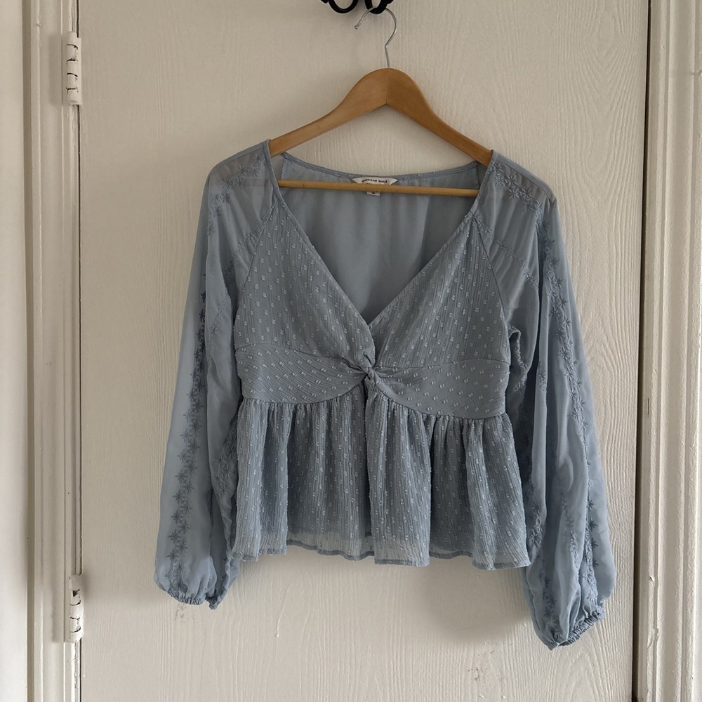 American Eagle Women’s Medium Blue Boho Peasant Blouse Sheer Long Sleeve Top