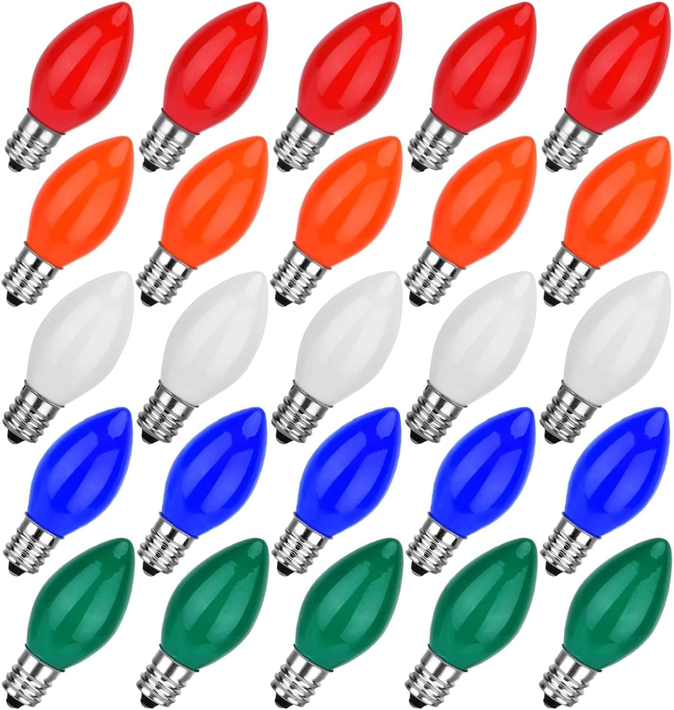Christmas Lights Bulbs Multicolor, 25 Pack C7 Multicolor Replancement Bulbs, C7