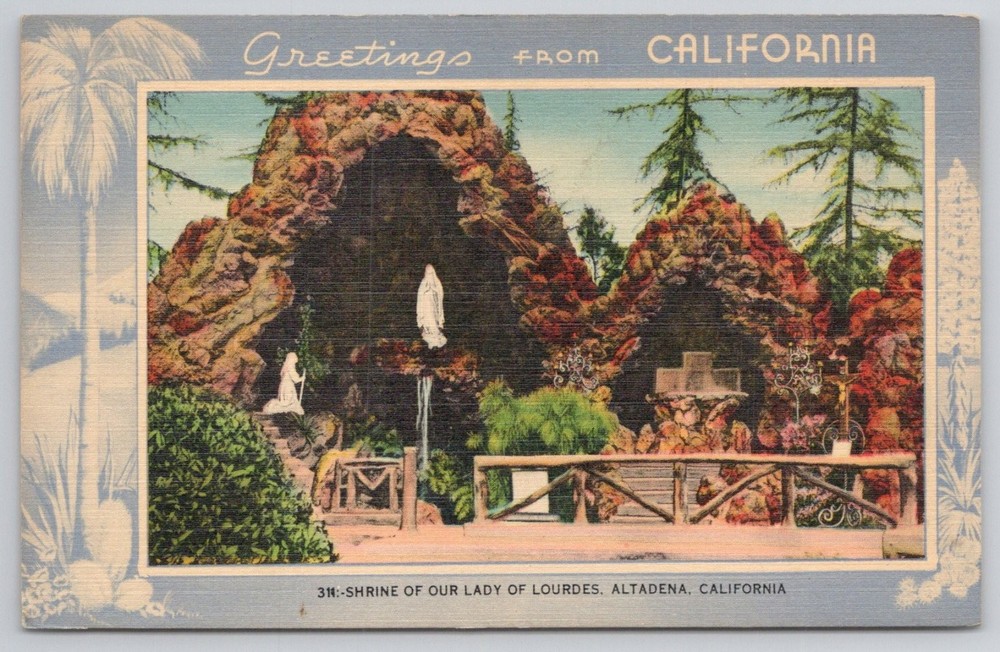 Shrine of Our Lady of Lourdes Altadena CA Linen Postcard Lourdes of the West