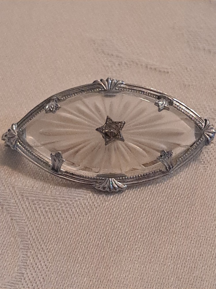 Vintage Silver Tone Camphor Star Rhinestone Center Brooch Art Deco (READ)