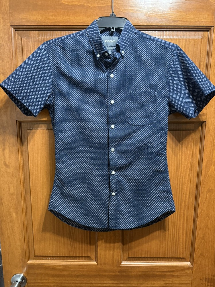 Bonobos Mens S Tailored Slim Fit Navy Geo Button Shirt Lightweight Short Sleeve