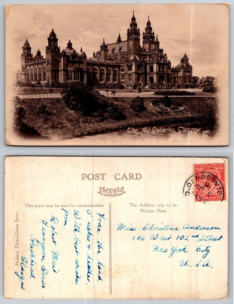 Vintage Glasgow Art Galleries Postcard 1905 Kelvingrove Scotland Postmark